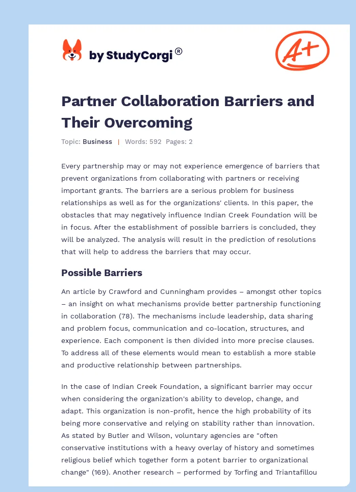 Partner Collaboration Barriers and Their Overcoming. Page 1