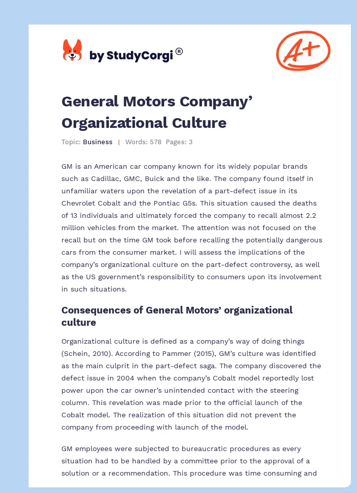 General Motors Company’ Organizational Culture. Page 1