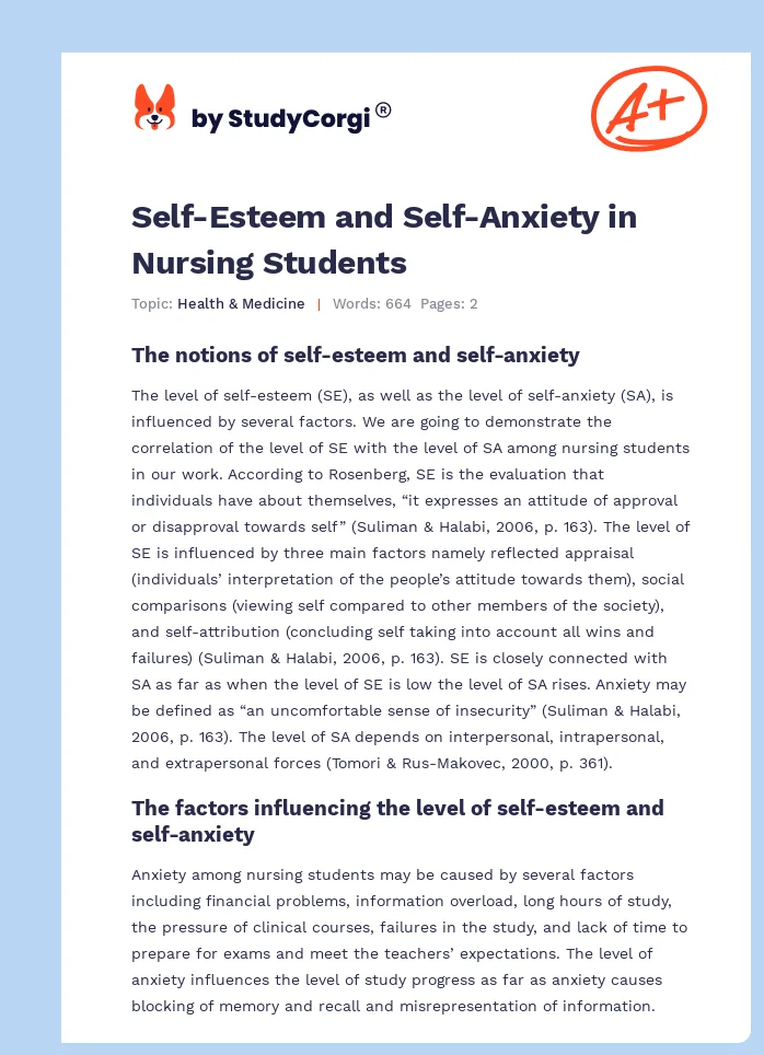 Self-Esteem and Self-Anxiety in Nursing Students. Page 1