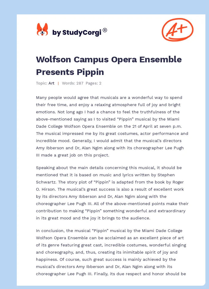 Wolfson Campus Opera Ensemble Presents Pippin. Page 1