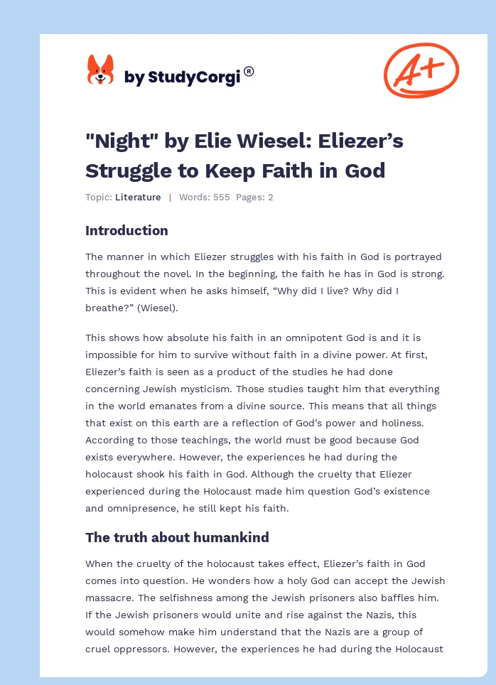 "Night" by Elie Wiesel: Eliezer’s Struggle to Keep Faith in God. Page 1