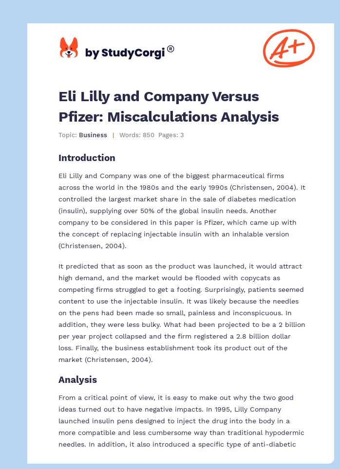 Eli Lilly and Company Versus Pfizer: Miscalculations Analysis. Page 1