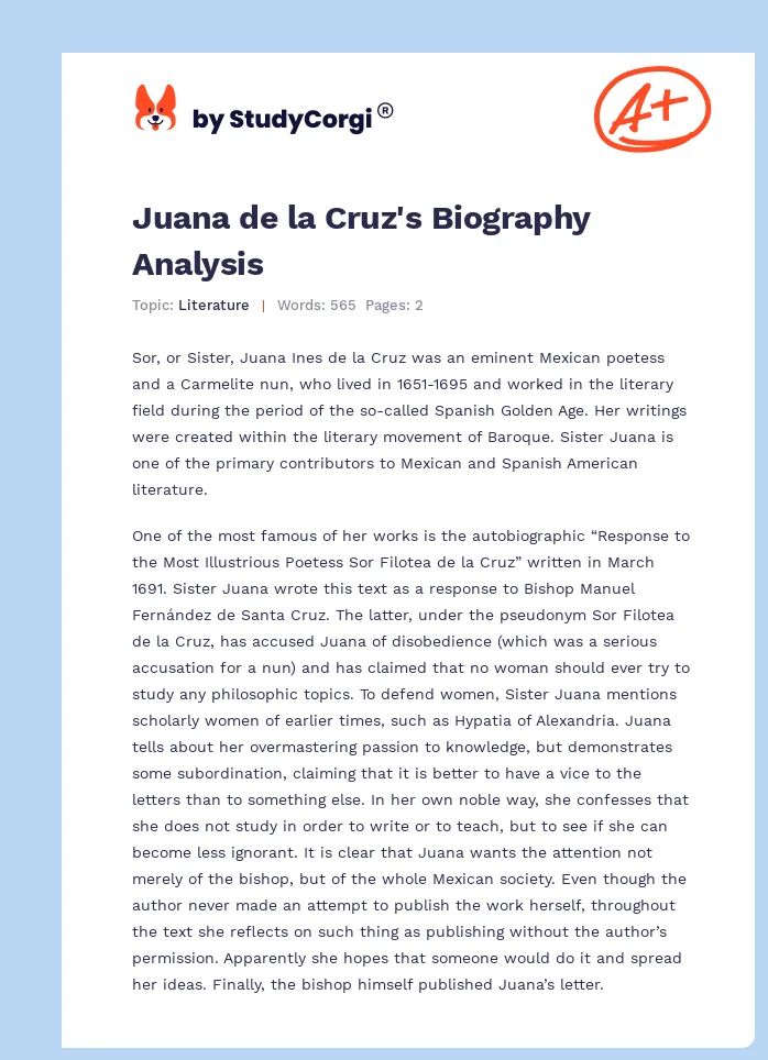 Juana de la Cruz's Biography Analysis. Page 1