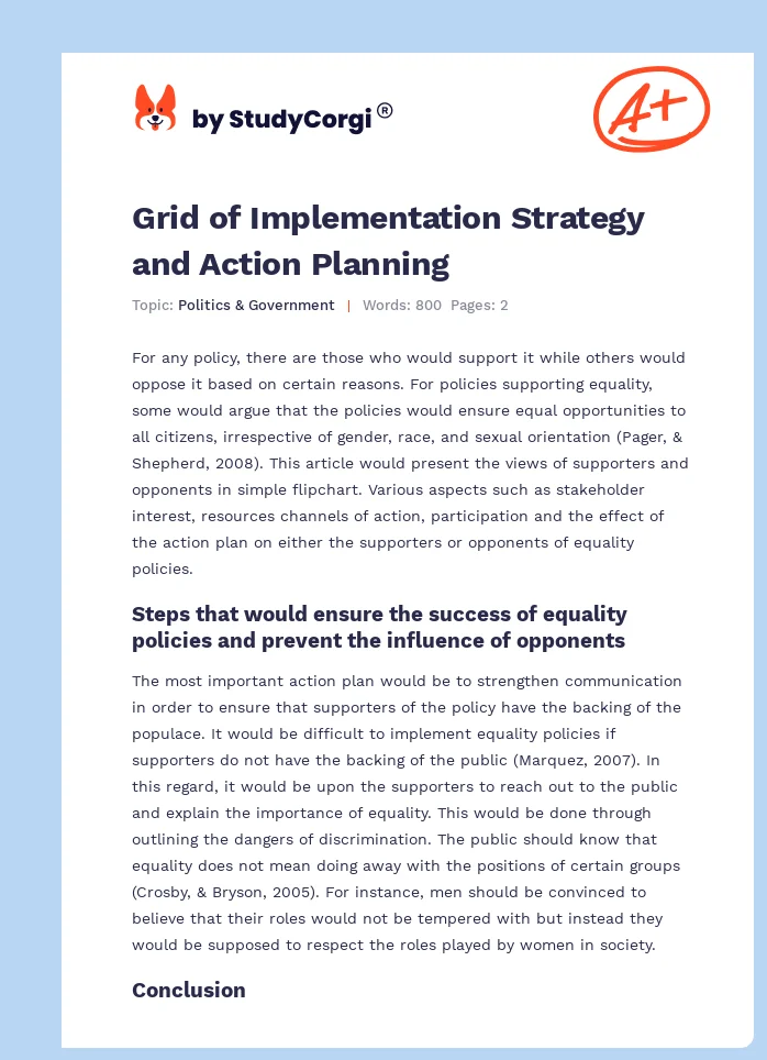 Grid of Implementation Strategy and Action Planning. Page 1