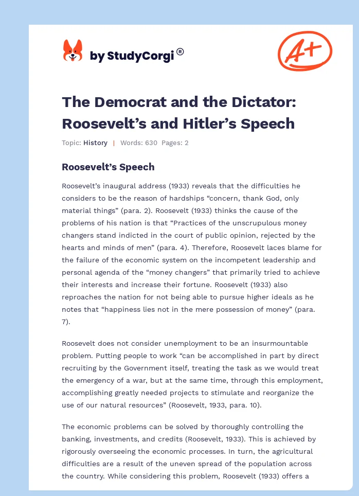 The Democrat and the Dictator: Roosevelt’s and Hitler’s Speech. Page 1