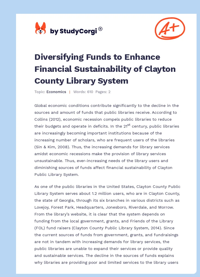 Diversifying Funds to Enhance Financial Sustainability of Clayton County Library System. Page 1