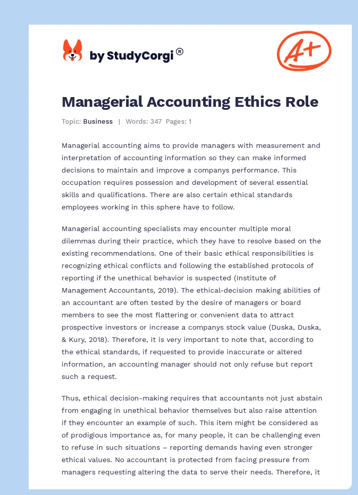 Managerial Accounting Ethics Role. Page 1