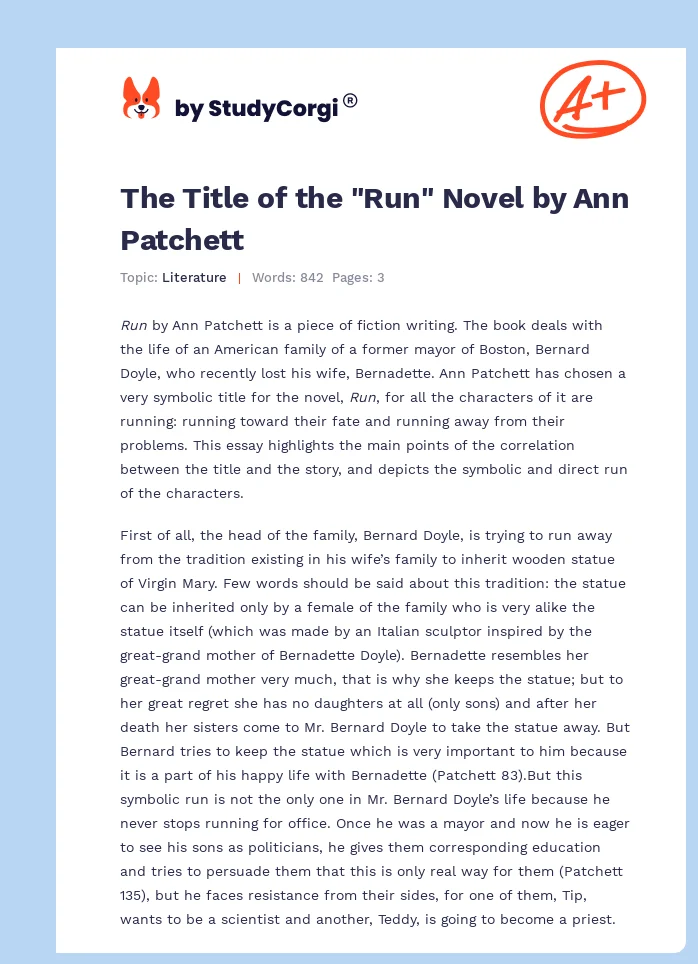 The Title of the "Run" Novel by Ann Patchett. Page 1