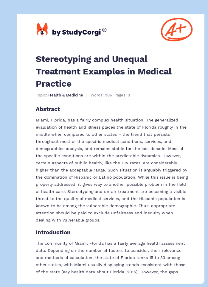 Stereotyping and Unequal Treatment Examples in Medical Practice. Page 1