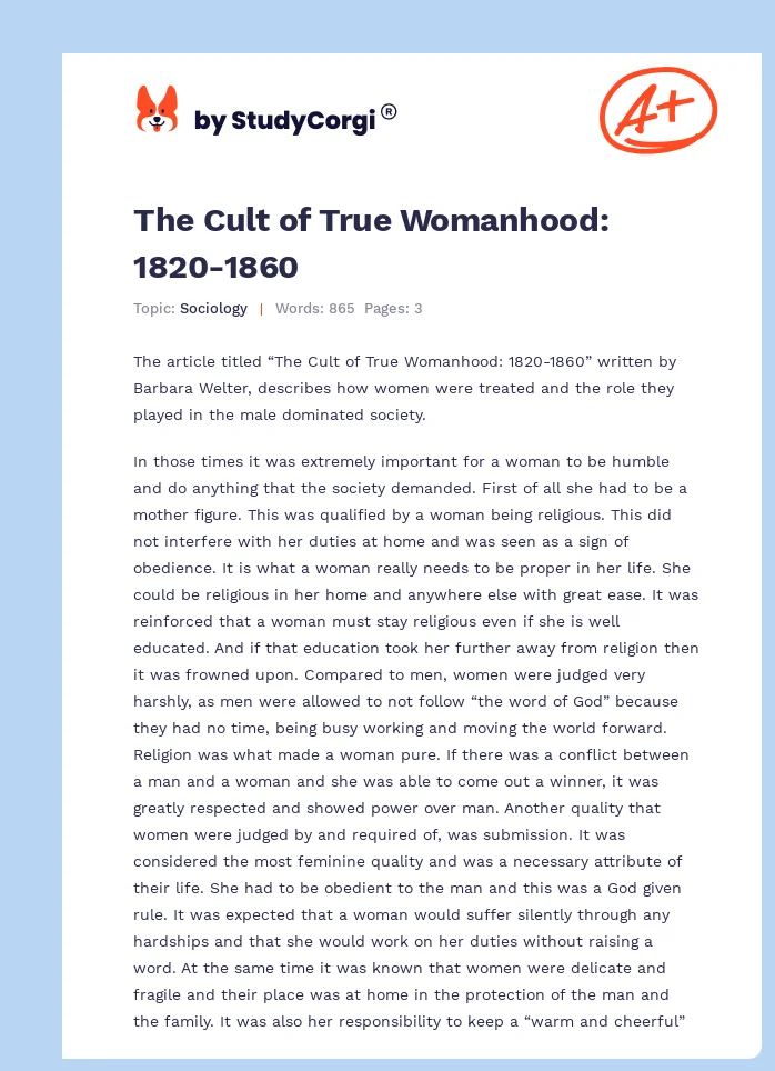 The Cult of True Womanhood: 1820-1860. Page 1