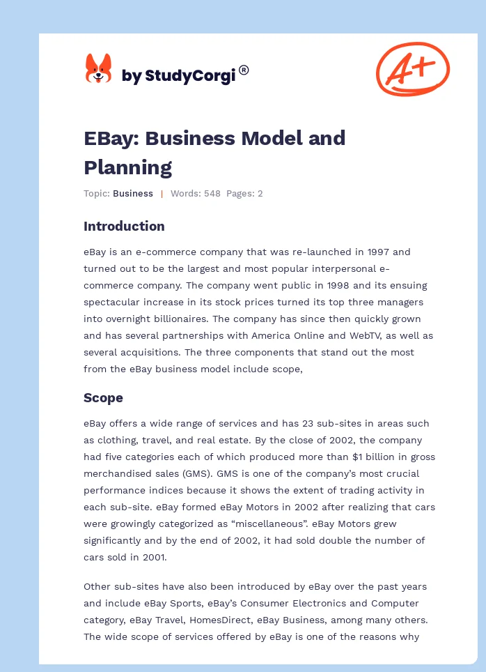 EBay: Business Model and Planning. Page 1