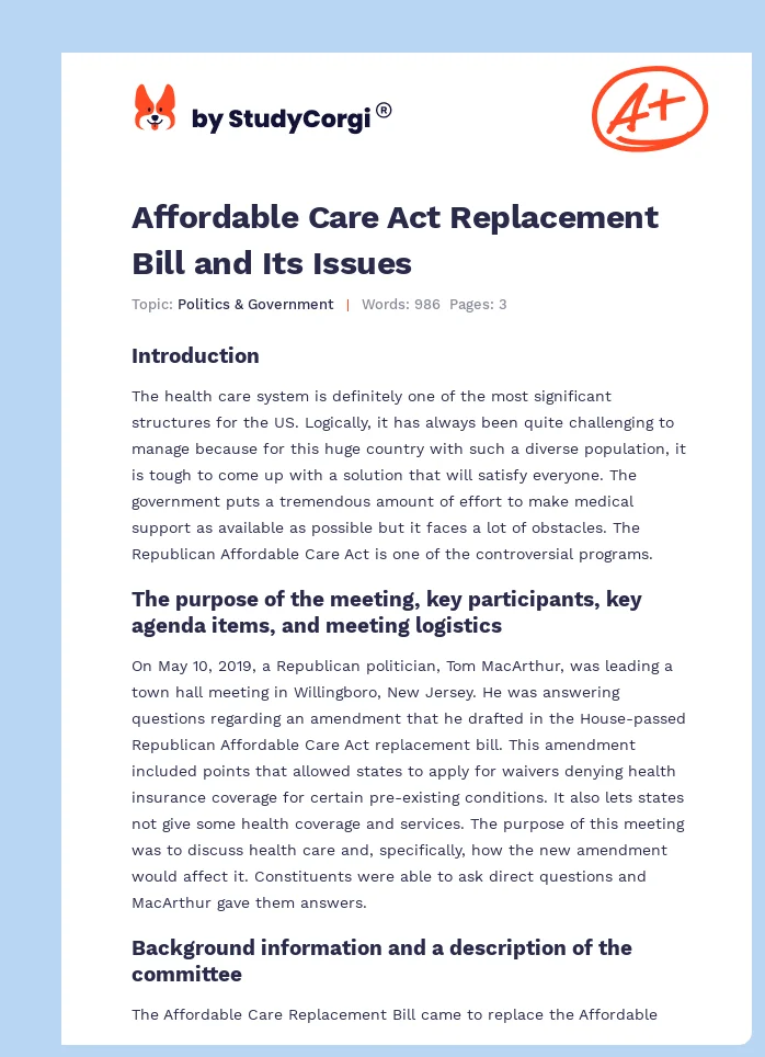 Affordable Care Act Replacement Bill and Its Issues. Page 1