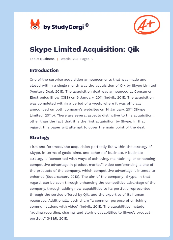 Skype Limited Acquisition: Qik. Page 1
