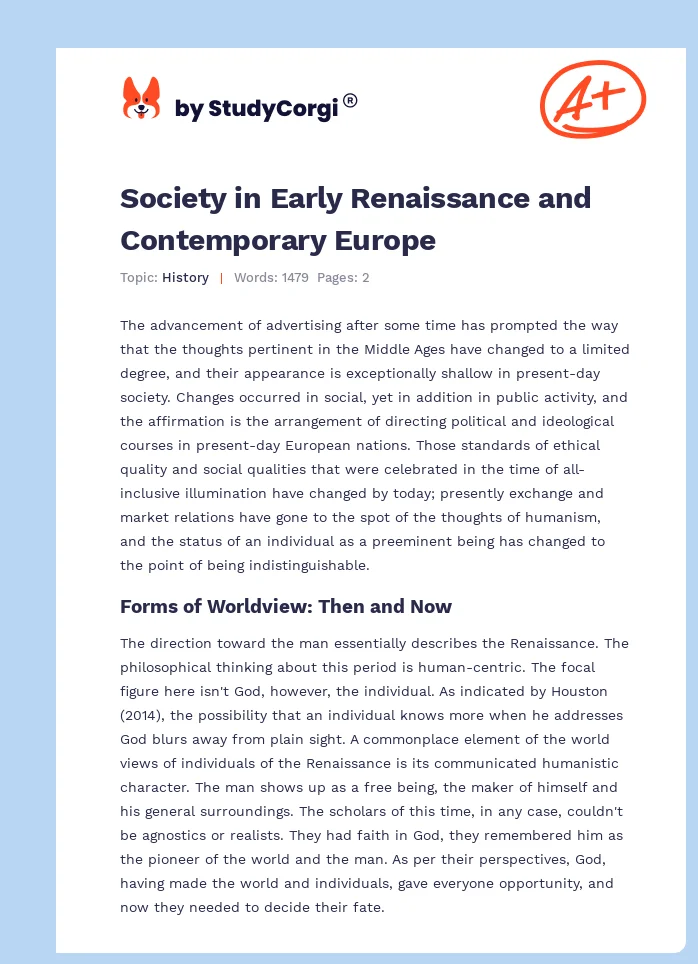 Society in Early Renaissance and Contemporary Europe. Page 1