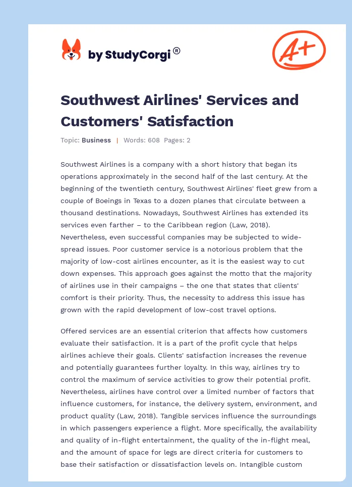 Southwest Airlines' Services and Customers' Satisfaction. Page 1