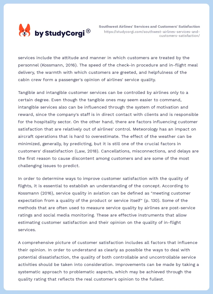 Southwest Airlines' Services and Customers' Satisfaction. Page 2