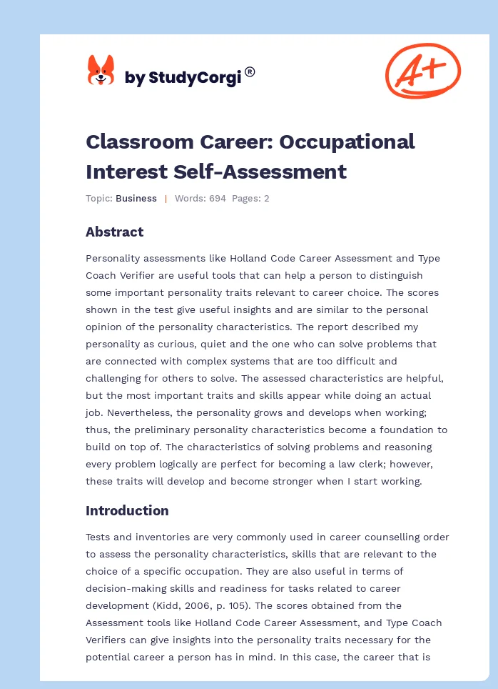Classroom Career: Occupational Interest Self-Assessment. Page 1
