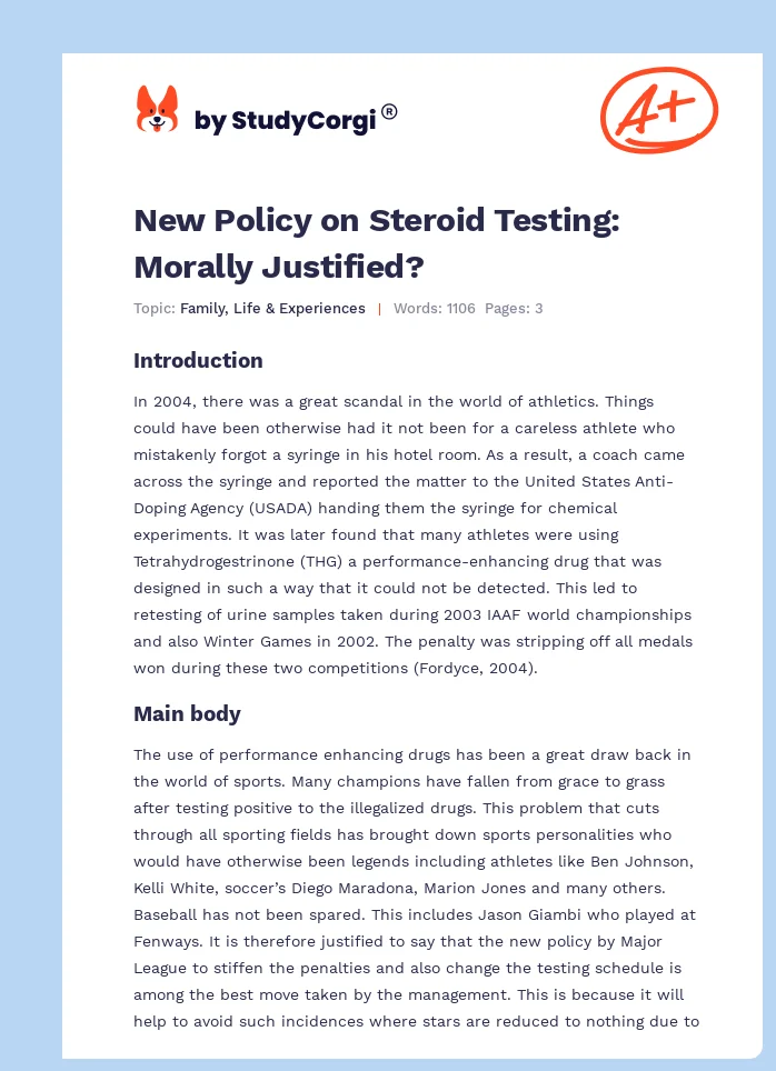 New Policy on Steroid Testing: Morally Justified?. Page 1
