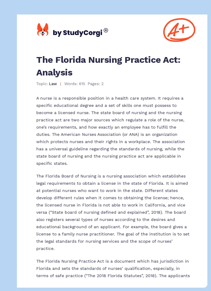 The Florida Nursing Practice Act: Analysis. Page 1