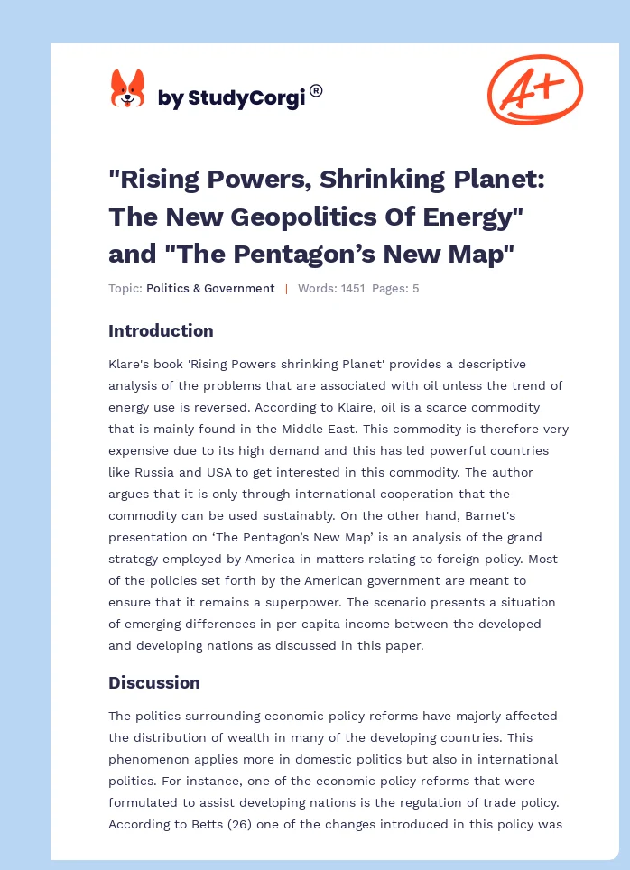 "Rising Powers, Shrinking Planet: The New Geopolitics Of Energy" and "The Pentagon’s New Map". Page 1