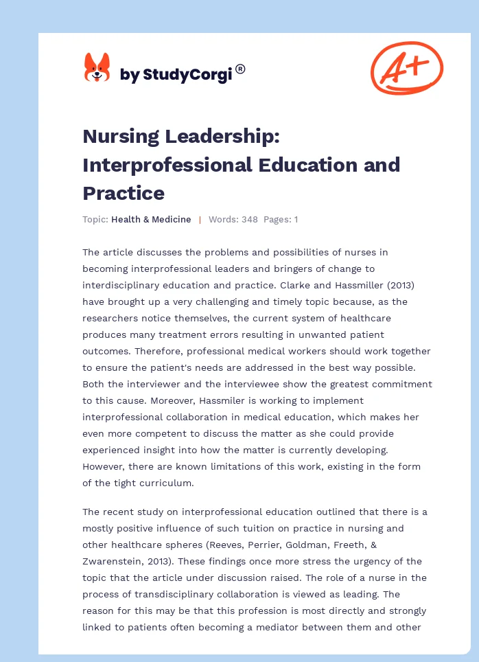 Nursing Leadership: Interprofessional Education and Practice. Page 1