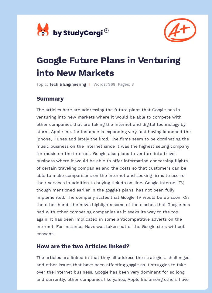 Google Future Plans in Venturing into New Markets. Page 1