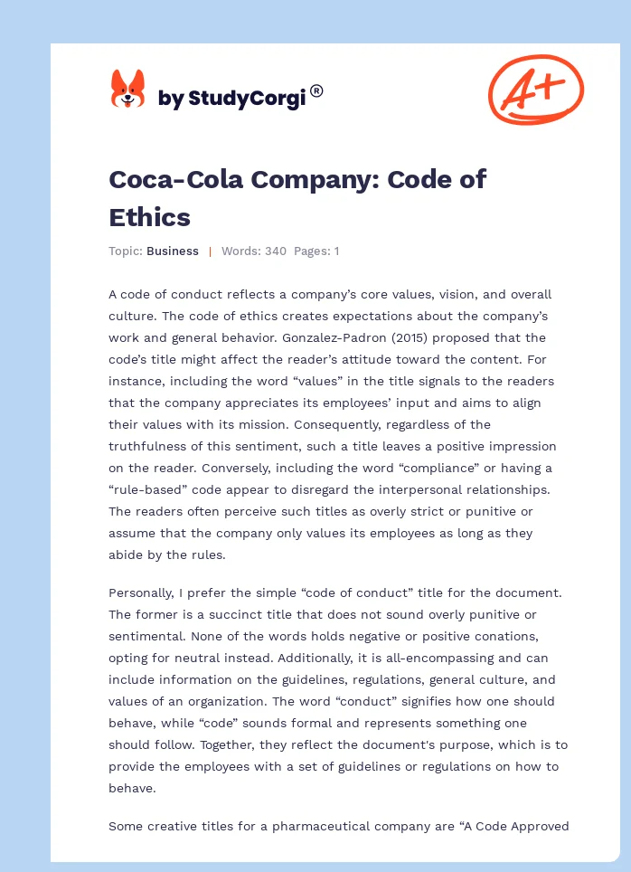 Coca-Cola Company: Code of Ethics. Page 1