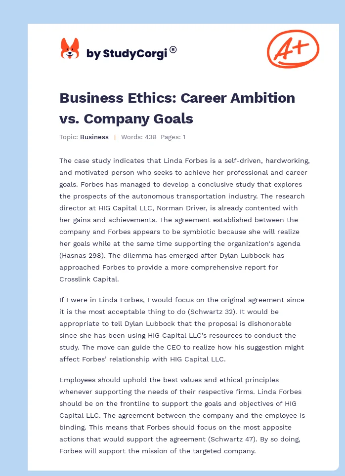 Business Ethics: Career Ambition vs. Company Goals. Page 1