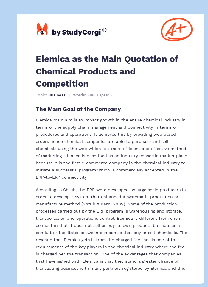 Elemica as the Main Quotation of Chemical Products and Competition. Page 1