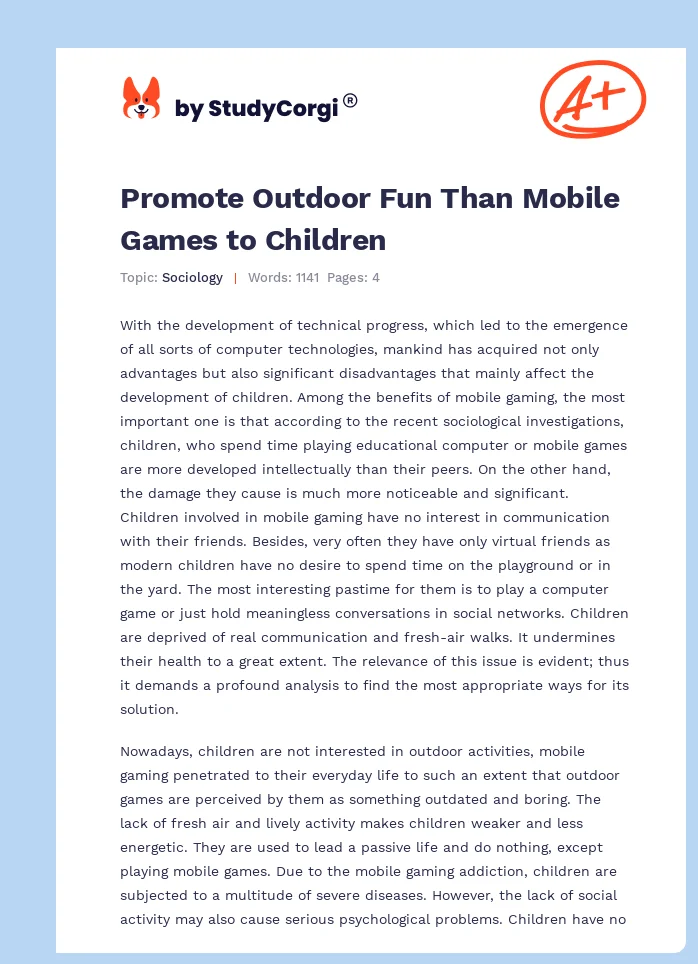 Promote Outdoor Fun Than Mobile Games to Children. Page 1