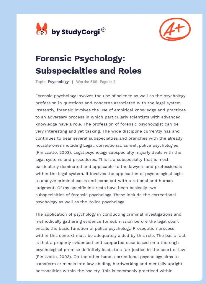 Forensic Psychology: Subspecialties and Roles. Page 1