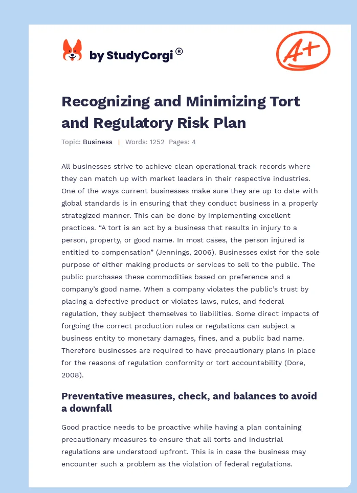 Recognizing and Minimizing Tort and Regulatory Risk Plan. Page 1