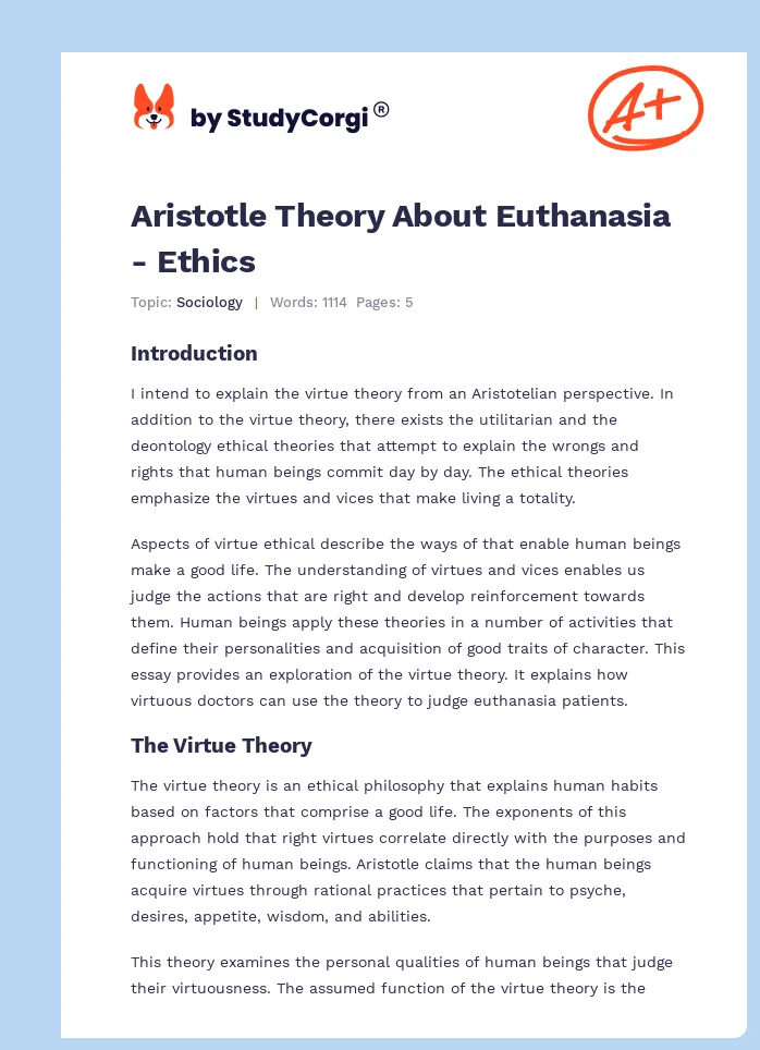 Aristotle Theory About Euthanasia - Ethics. Page 1