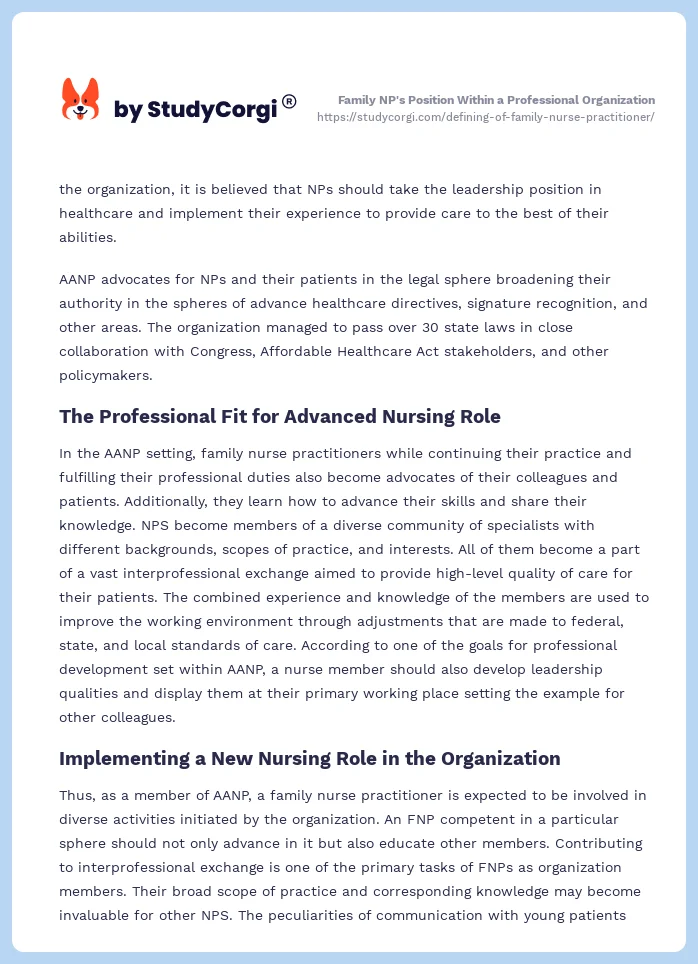 Family NP's Position Within a Professional Organization. Page 2