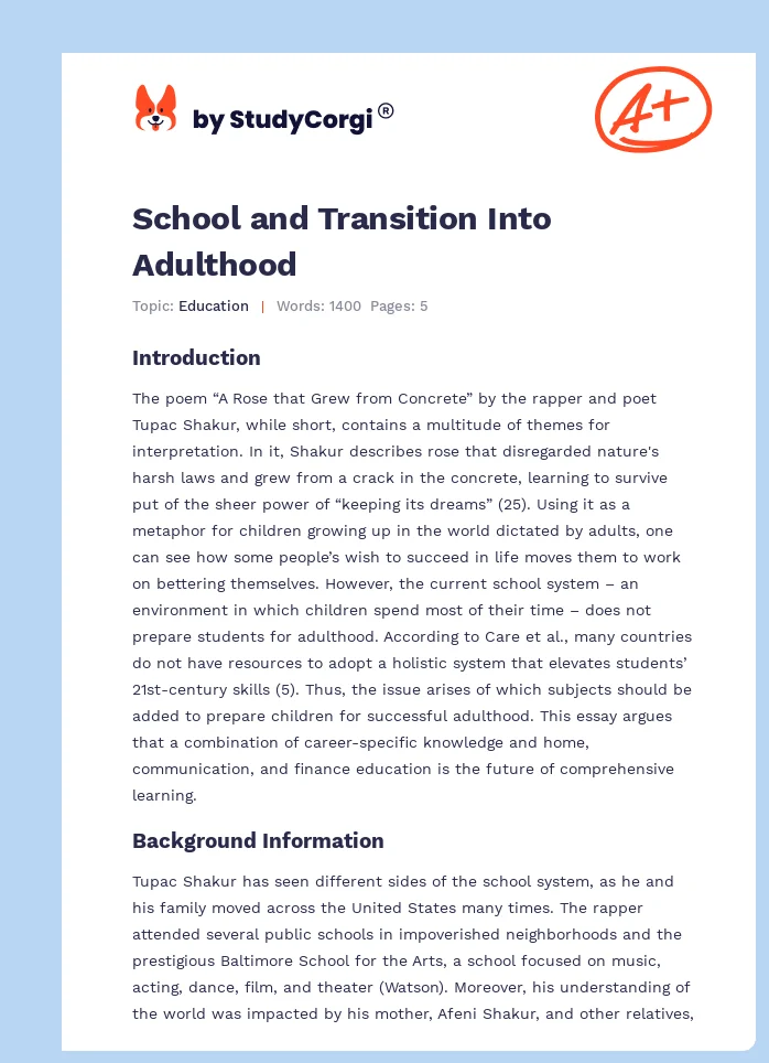 School and Transition Into Adulthood. Page 1