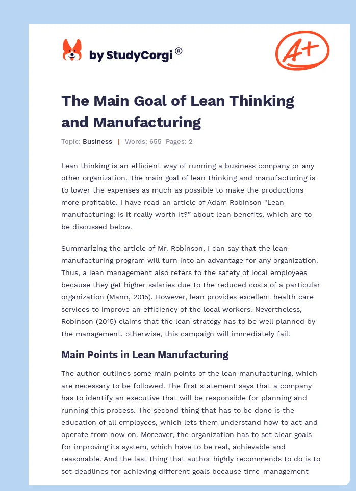 The Main Goal of Lean Thinking and Manufacturing. Page 1