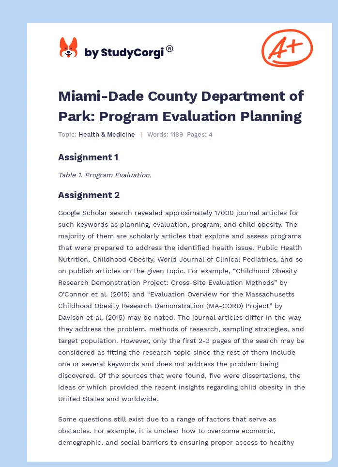 Miami-Dade County Department of Park: Program Evaluation Planning. Page 1