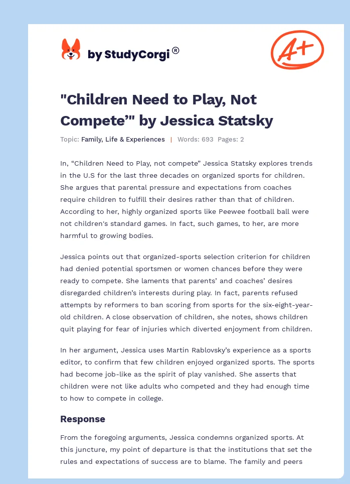 "Children Need to Play, Not Compete’" by Jessica Statsky. Page 1