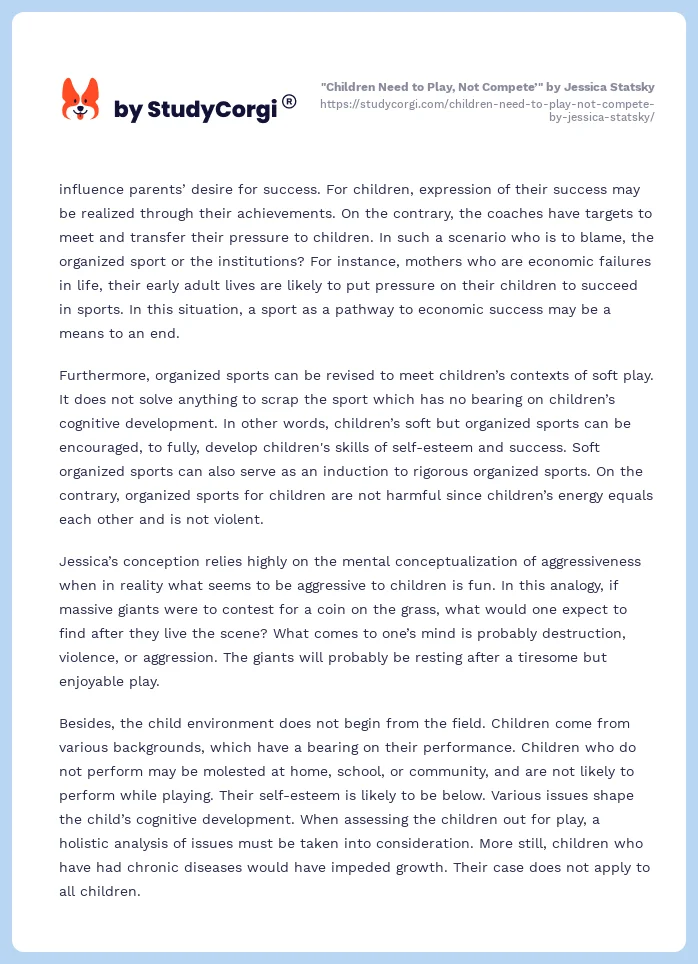 "Children Need to Play, Not Compete’" by Jessica Statsky. Page 2