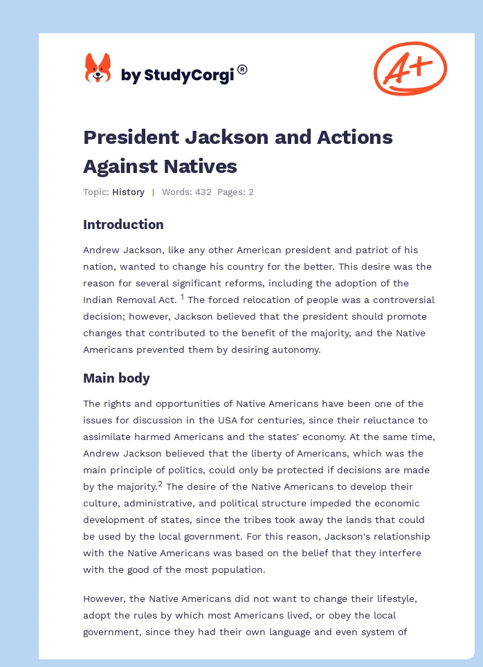 President Jackson and Actions Against Natives. Page 1