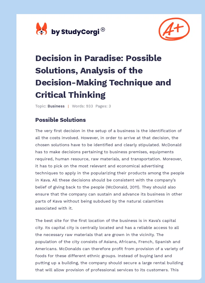 Decision in Paradise: Possible Solutions, Analysis of the Decision-Making Technique and Critical Thinking. Page 1