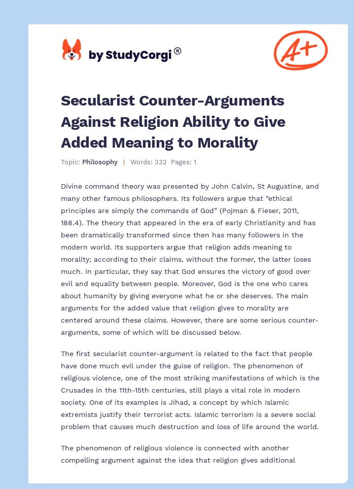 Secularist Counter-Arguments Against Religion Ability to Give Added Meaning to Morality. Page 1