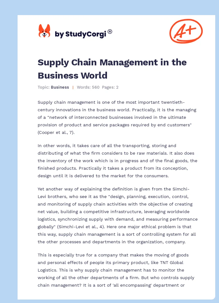 Supply Chain Management in the Business World. Page 1