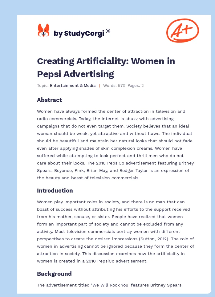 Creating Artificiality: Women in Pepsi Advertising. Page 1