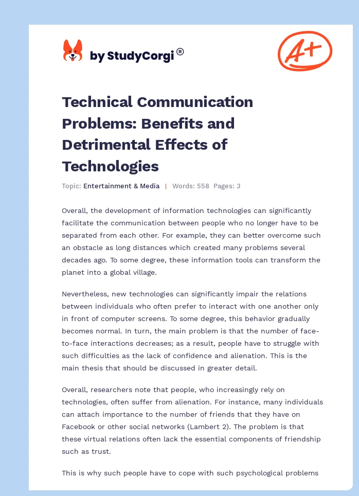 Technical Communication Problems: Benefits and Detrimental Effects of Technologies. Page 1