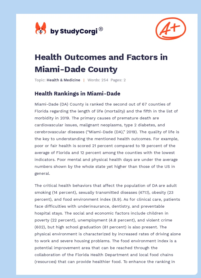 Health Outcomes and Factors in Miami-Dade County. Page 1