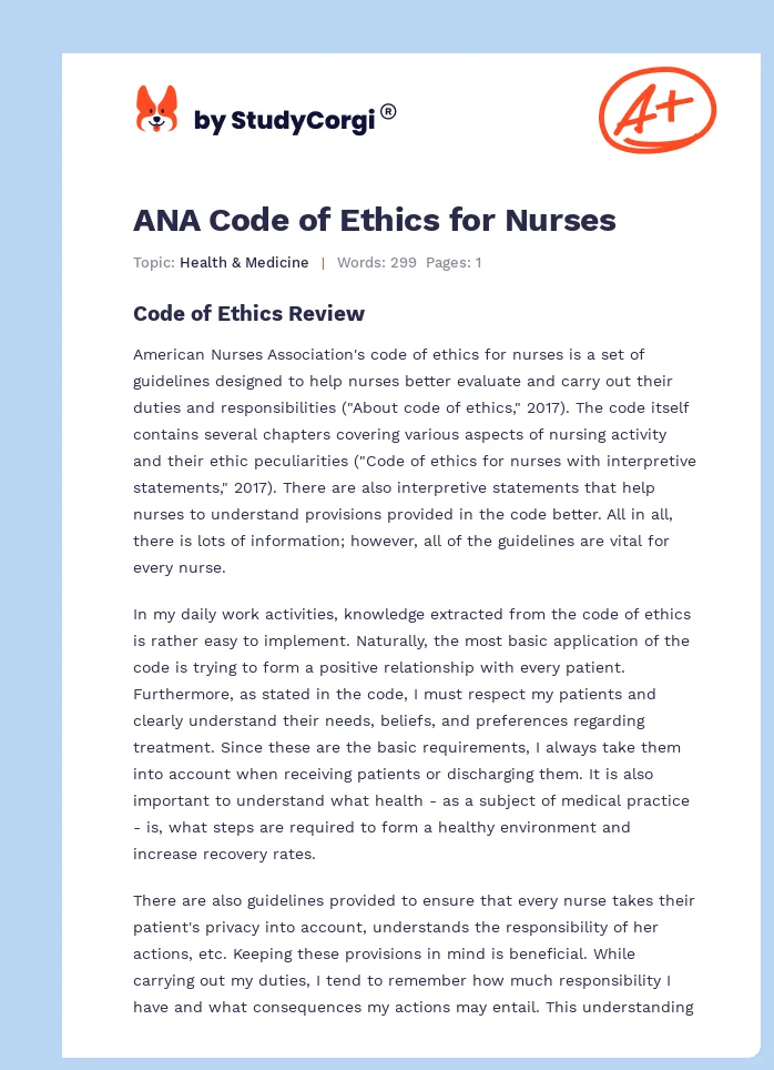 ANA Code of Ethics for Nurses. Page 1