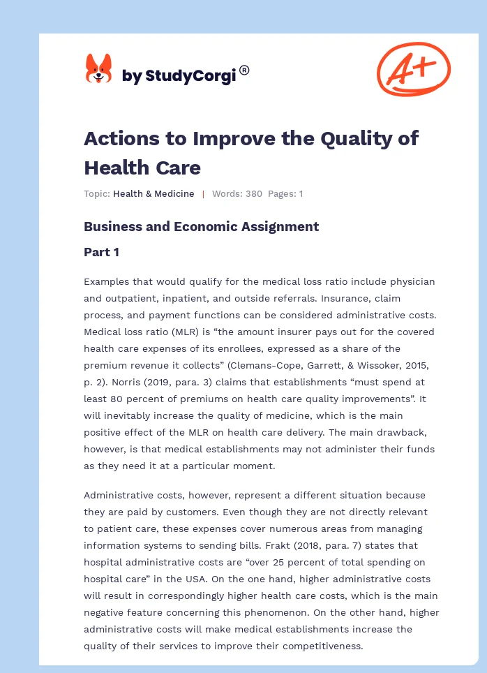 Actions to Improve the Quality of Health Care. Page 1