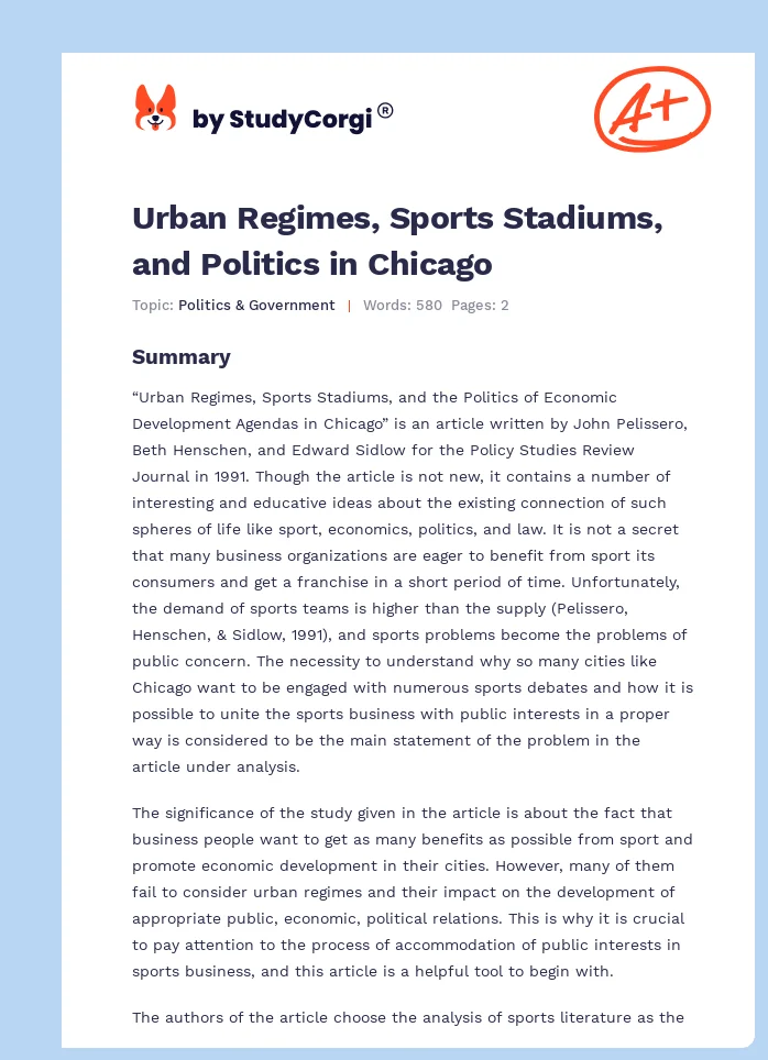 Urban Regimes, Sports Stadiums, and Politics in Chicago. Page 1