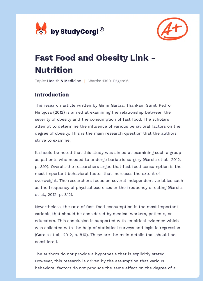Fast Food and Obesity Link - Nutrition. Page 1